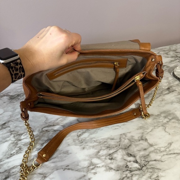 Hazel Leather Top Handle Lock Satchel Crossbody Bag with Gold Hardware - Picture 12 of 14